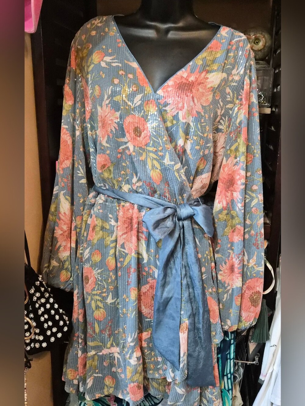 Lauren Conrad LC Dress Floral Party Wrap Sequin Sparkle Mini Fully Lined XXL